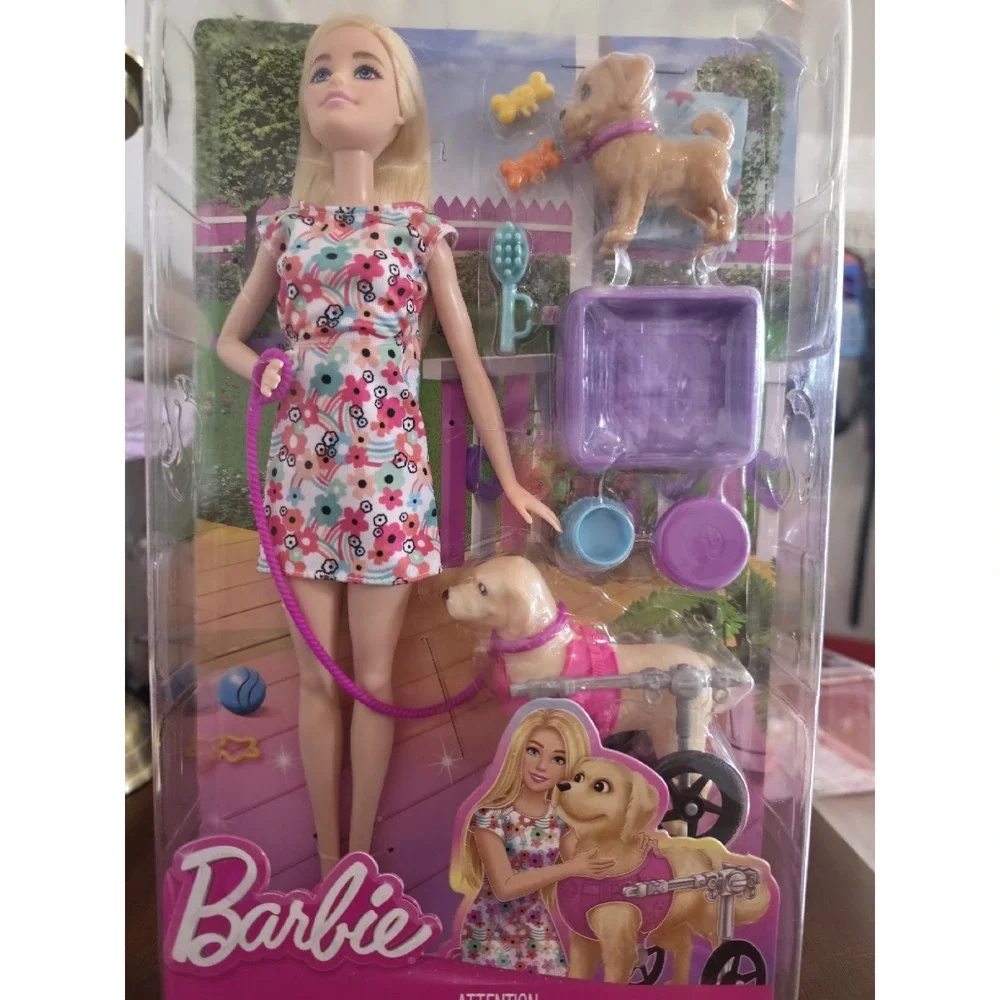 Barbie Doll with Dogs Playset - Wheelchair Puppy & Accessories - BN